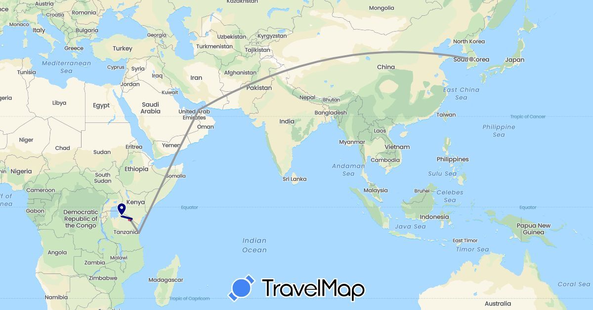 TravelMap itinerary: driving, plane, hiking in United Arab Emirates, South Korea, Tanzania (Africa, Asia)