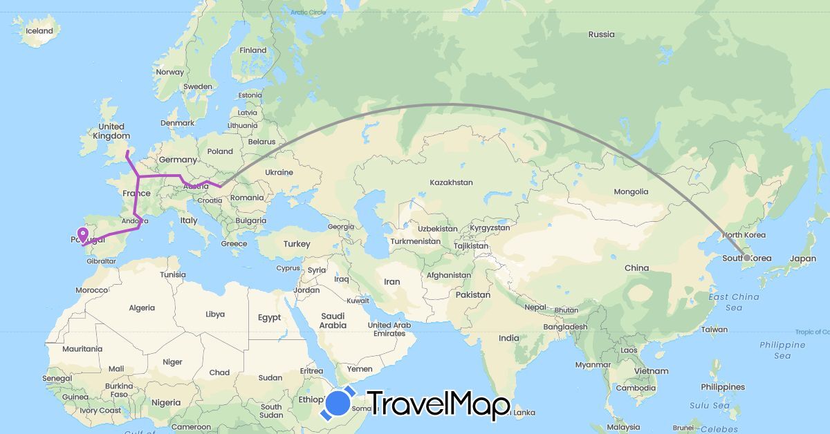 TravelMap itinerary: driving, plane, train in Austria, Germany, Spain, France, United Kingdom, Hungary, South Korea, Portugal (Asia, Europe)